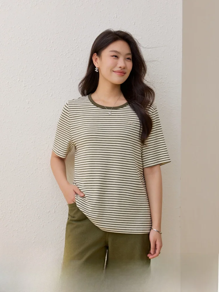 

Ретро-футболка в полоску с круглым вырезом и длинными рукавами, приталенная, для повседневной носки, больших размеров, женская, модный тренд, весенняя новинка