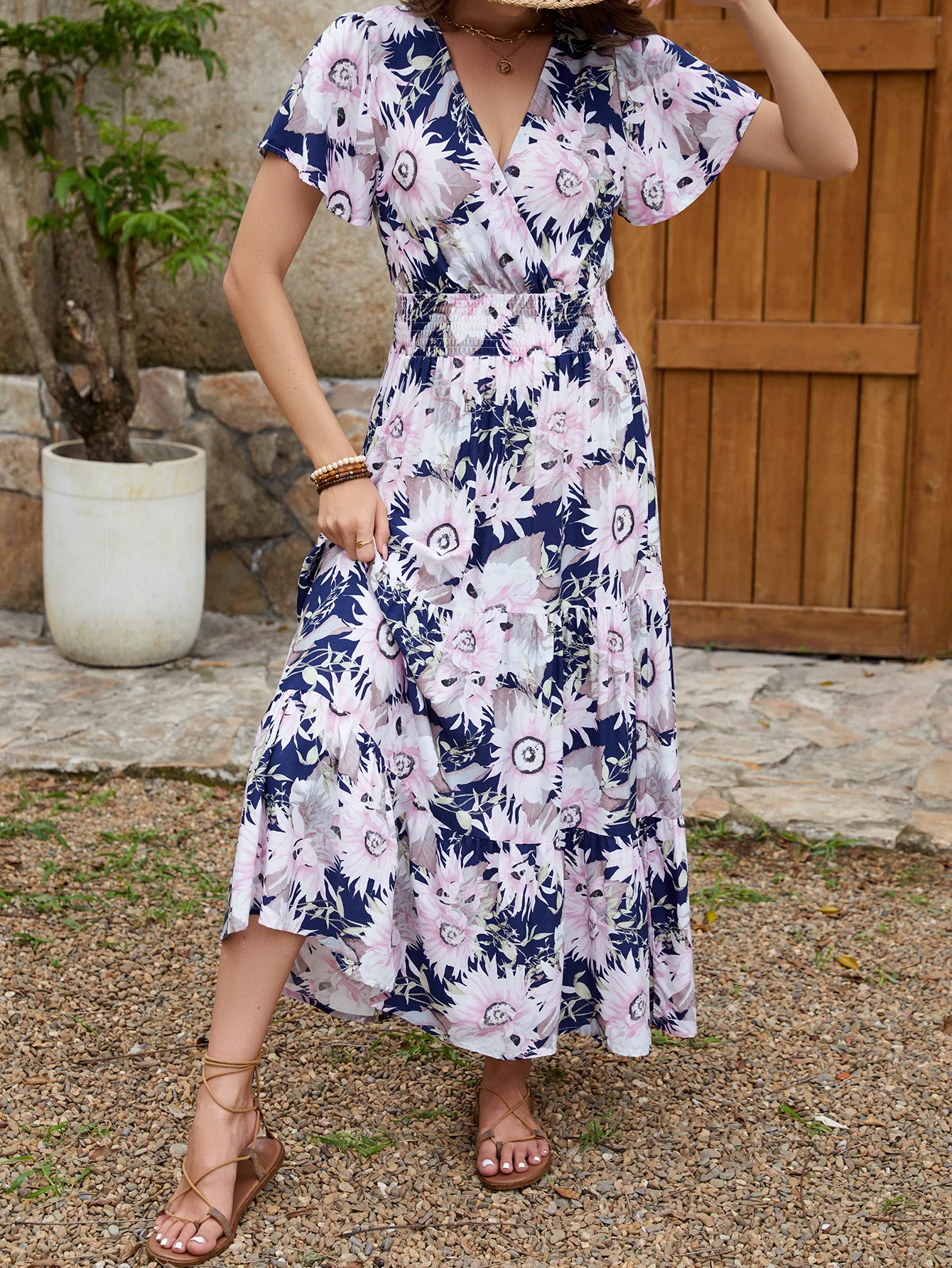 2025 여름 신상 코튼 반팔 V넥 롱 드레스 플로럴 프린트 휴가 스타일 캐주얼 비치 드레스 보헤미안 레트로 베스티도스