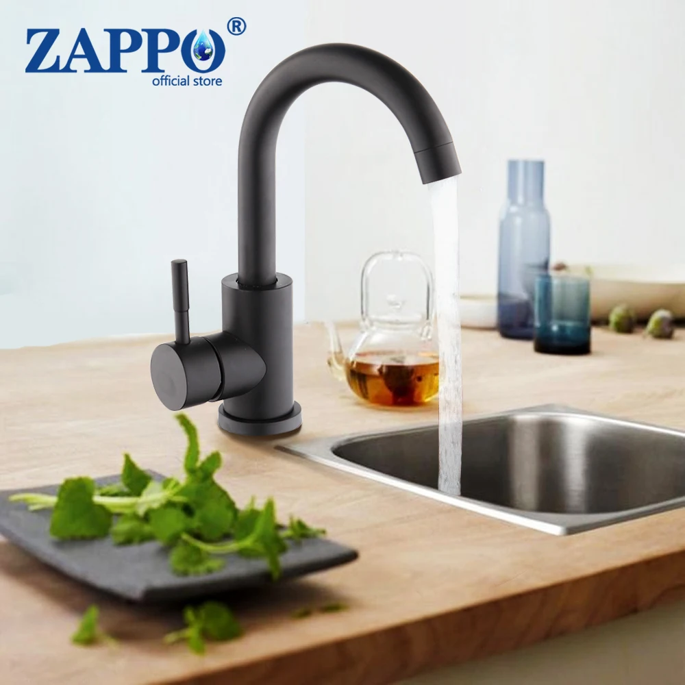 ZAPPO Matte Black Kitchen Sink Faucet Hot & Cold Water Mixer Tap Solid Brass 1 Handle Deck Monuted Basin Sink Faucets