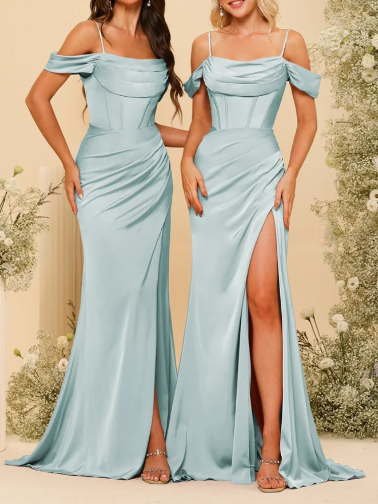 Satin Spaghetti Straps Long Bridesmaid Dresses Off-The-Shoulder Split Side & Ruched Evening Gowns Elegant Backless Party Dress