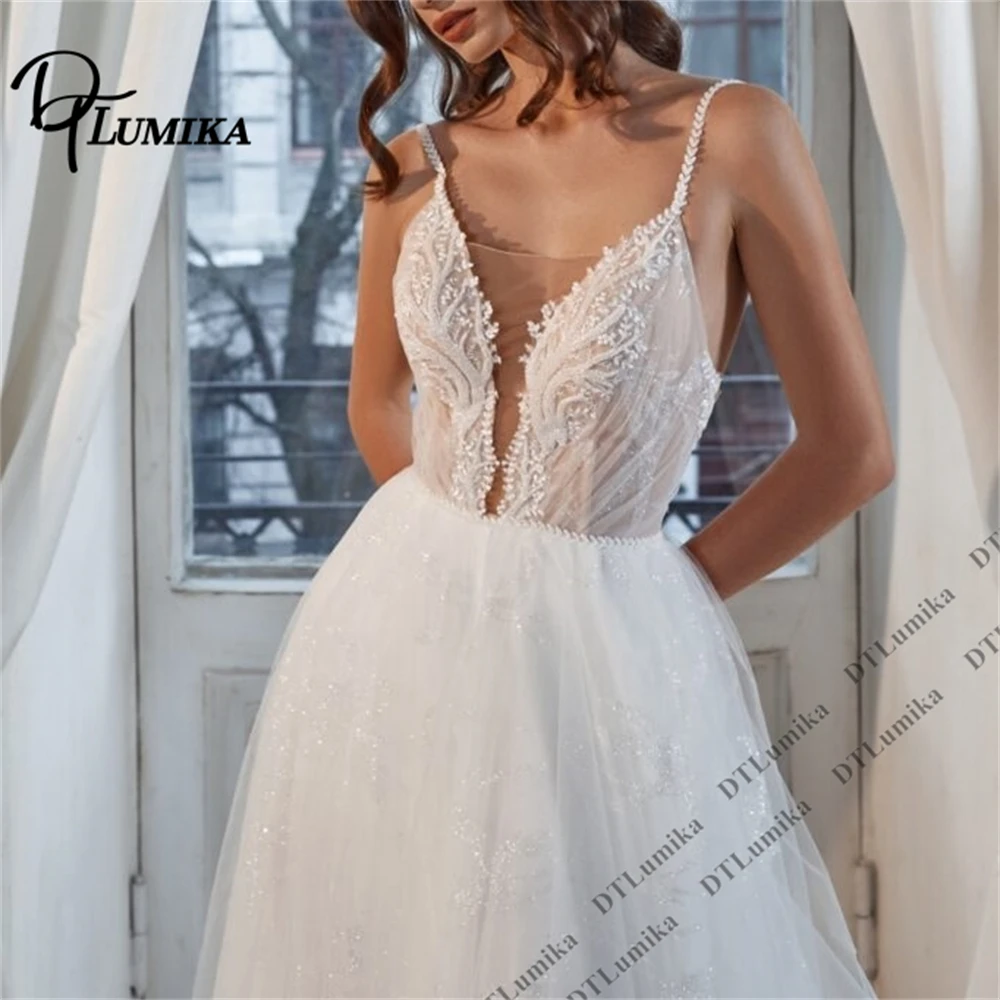 DTLumika Sparkle A-Line Bride Dress Spaghetti Straps Side Split Customized Women's Bridal Gown Plus Size Available Wedding Dress