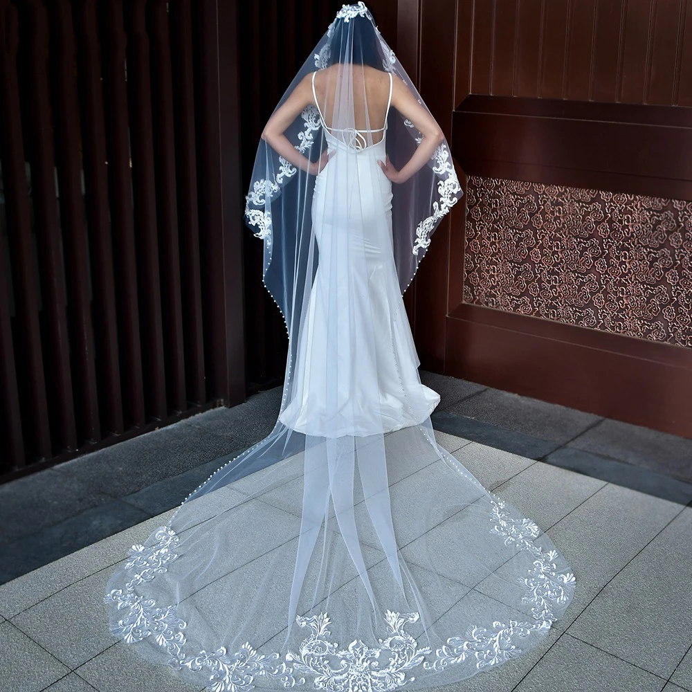 BL4028 Palace style single layer pearl lace edge wedding bridal veil