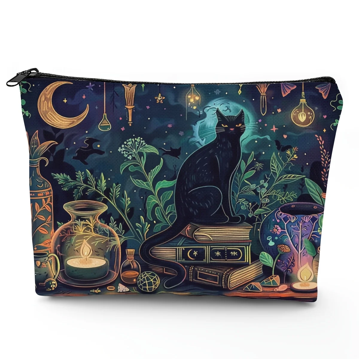 Enchanted Night Black Cat Makeup Bag - Mystical Witchy Gift & Travel Essential,Cosmetic Organizer with Magical Elements Design