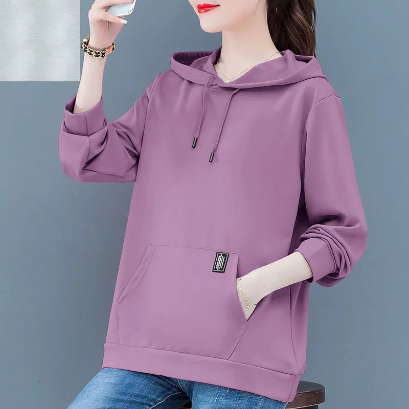 Female Casual Solid Hoodies Autumn Winter Pocket Loose-fitting Long Sleeve Drawstring Cloth Decoration Pullover Sweatshirts