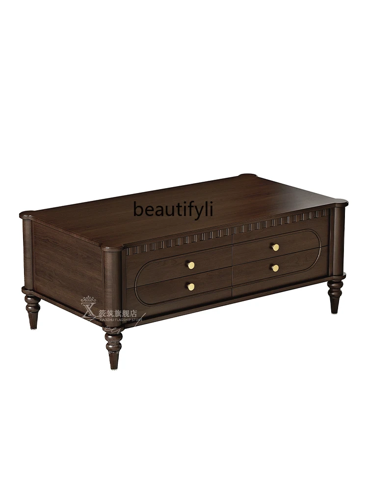 

American Light Luxury Solid Wood Coffee Table TV Cabinet Living Room French Retro Lobular Cherrywood Tea Table New Tea Table