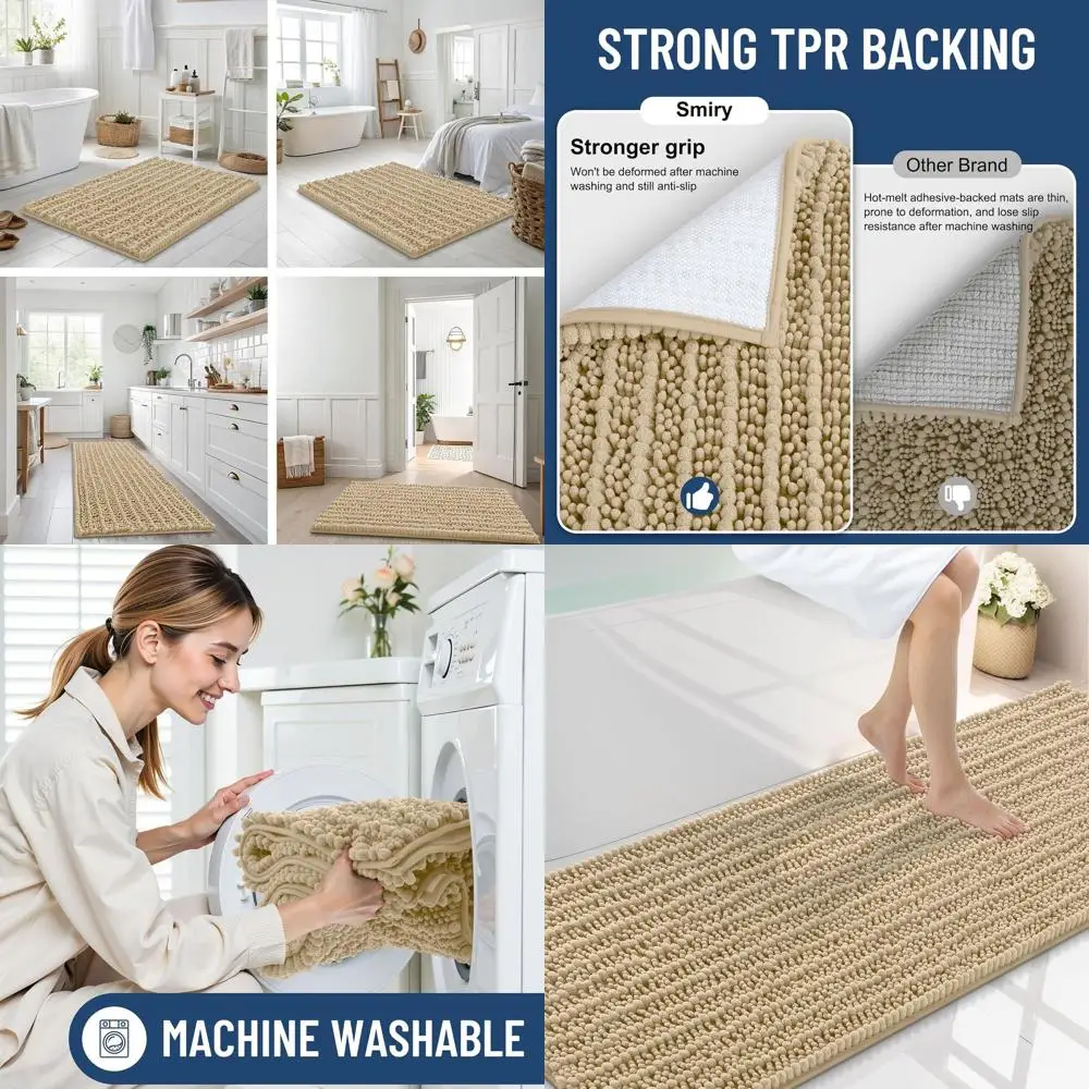 

Soft Chenille Bath Mat 70x24, Absorbent & Non-Slip, Machine Washable for Bathroom, Shower, Tub, Beige