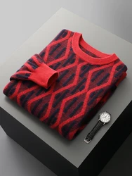 Suéter de lana para hombre, jerséis con cuello redondo, 100% de lana merina, Tops de punto, ropa de manga larga de Cachemira Jacquard con diamantes, Otoño e Invierno
