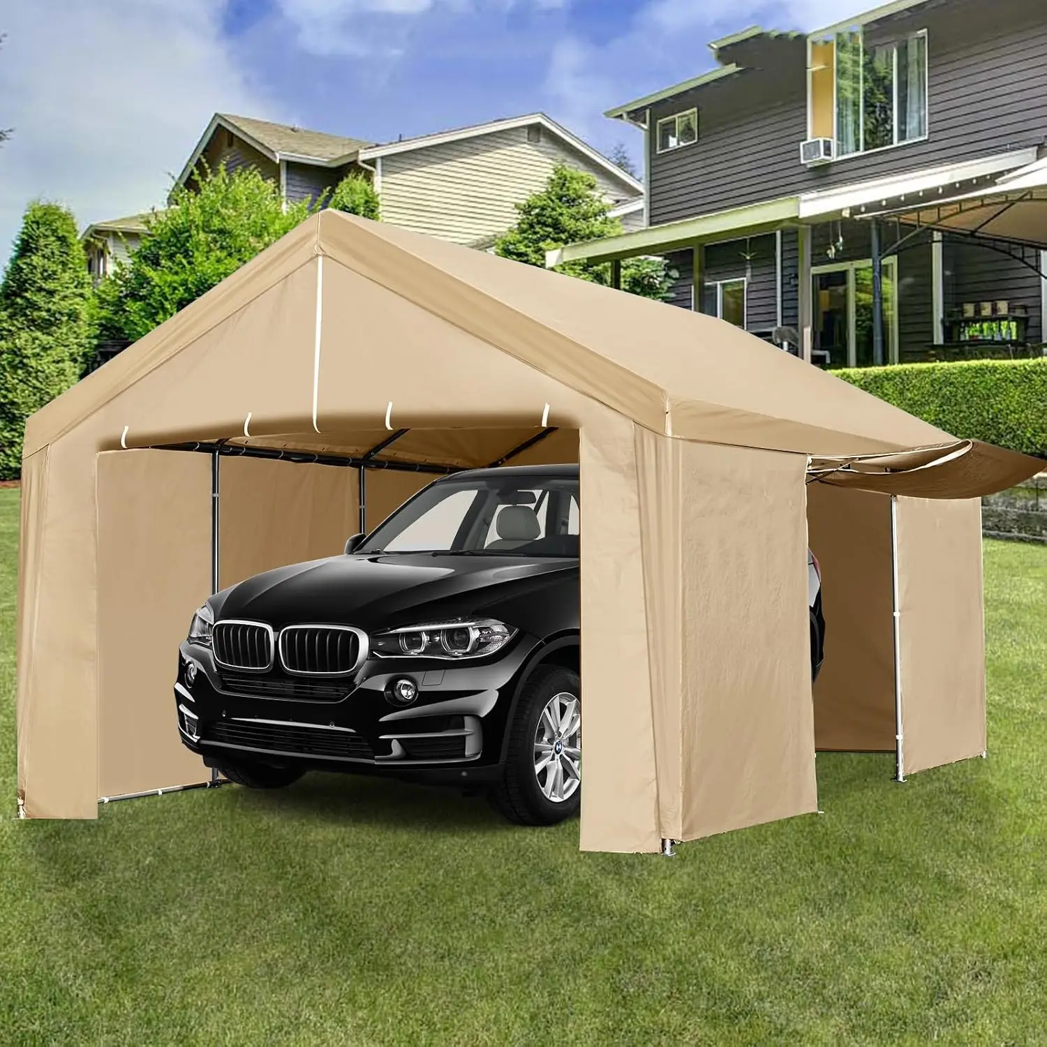 Canopy Heavy Duty Car Port with Ventilated Windows, Removable Sidewalls & Zipper Doors, Portable Garage Shelter, Waterproof All-