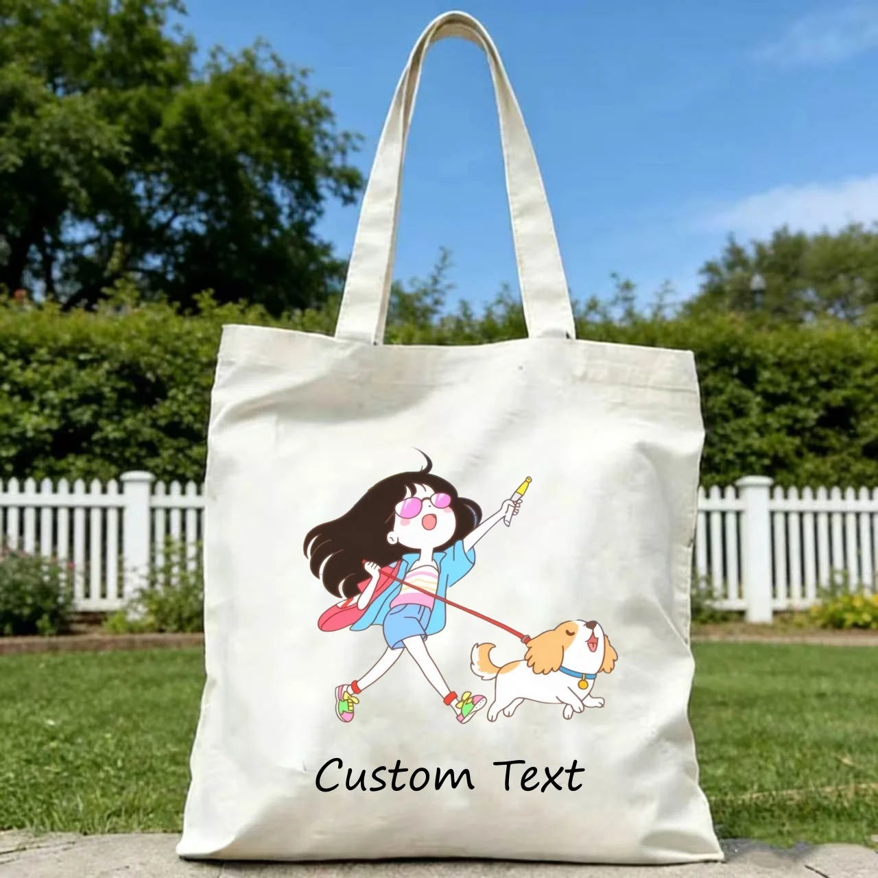 1PC Custom Text Canvas Tote Bag Cute Cartoon Girl Walking Dog Print Reusable Shoulder Shopping Bag Personalized Gift