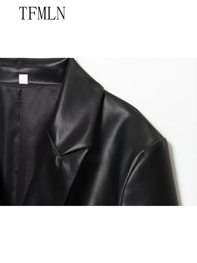 أزياء المرأة سليم فو سترات من الجلد 2025 الخريف الشتاء محززة زر واحد السببية شيك معاطف كم كامل جيوب أبلى #4