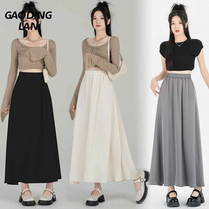 

GAODINGLAN New Korean High Waist Women Long Skirt Office Lady Simple Solid A Line Skirts Female Large Hemline Skirt Versatile