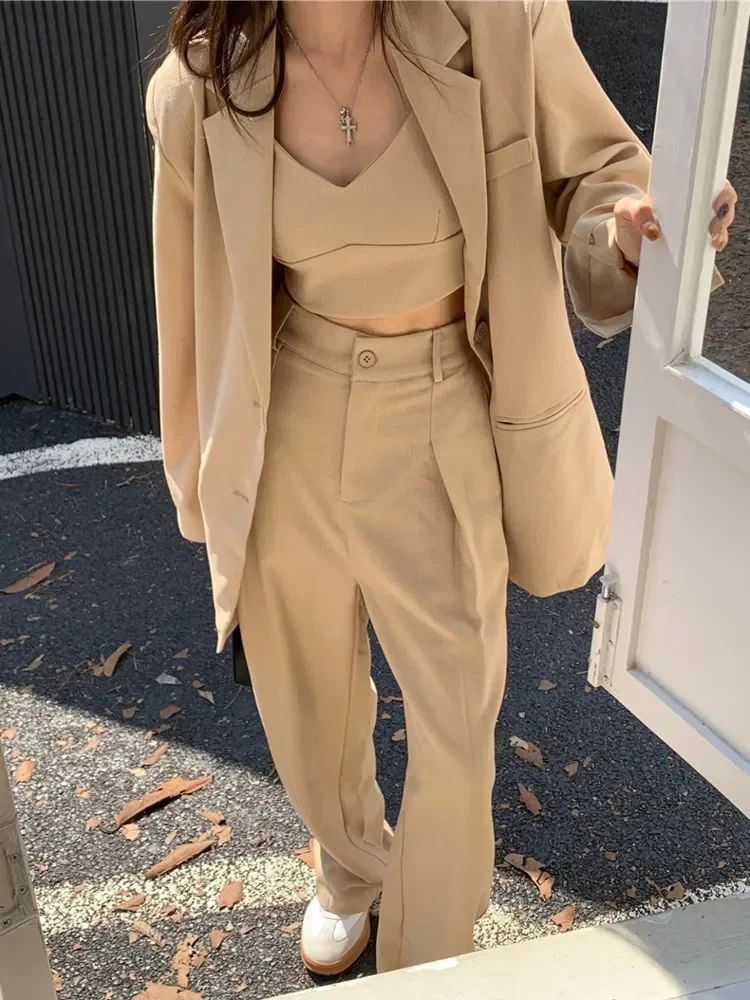 

Fashionable Casual Three Piece Set For Women Loose Blazer Coat + Sexy Vest + High Waist Pant Sets Autumn Streetwear 3 Piece Sets