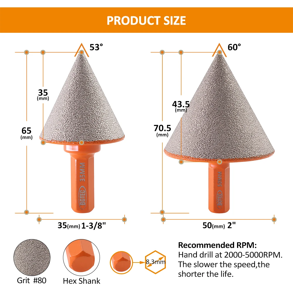 BGTEC 1pc Hex Shank Diamond Chamfer Bits Ceramic Marble Tile Quartz Countertop Milling Bits Hole Grinder Dia20/35/50mm Grinding