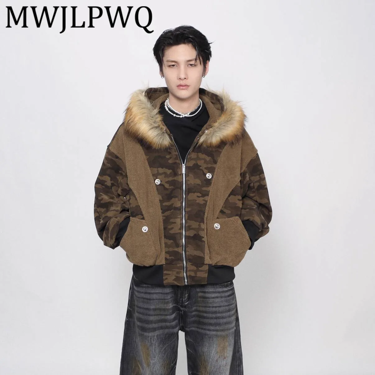 

MWJLPWQ Street Camouflage Patchwork Men's Fur Collar Cotton Coat Winter Fleece Couple American Style Streetwear Short Top 21701