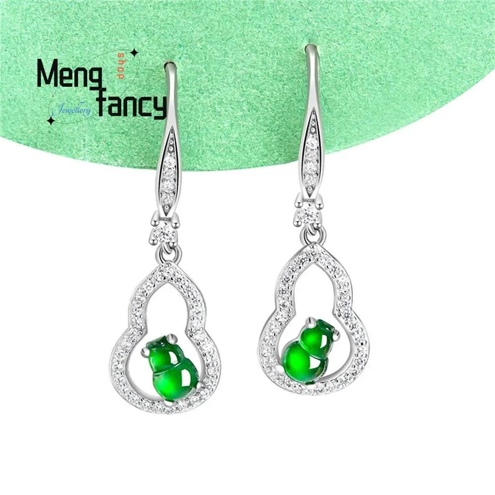 

S925 Silver Inlaid Natural A-goods Jadeite Green Gourd Ice Jade Earrings Female Models High-grade Exquisite Fashion Fine Jewelry