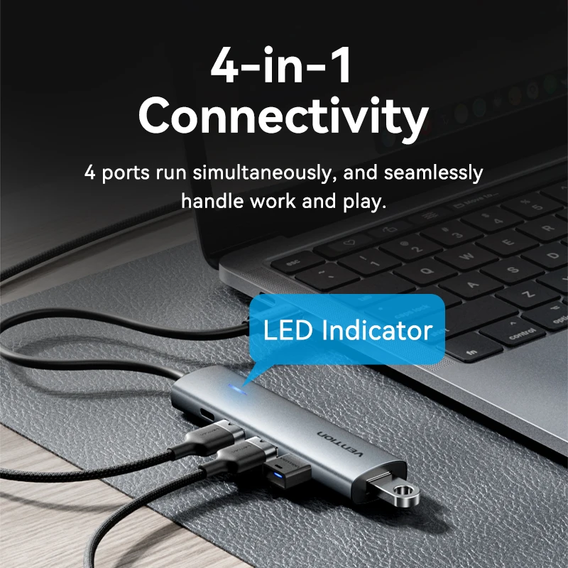 Vention USB C HUB Szybki rozdzielacz USB z 4 portami, typ C na USB A 3.0, adapter do MacBook Pro, iPada, iPhone'a, Samsunga, Lenovo i laptopów — zdjęcie produktu 3