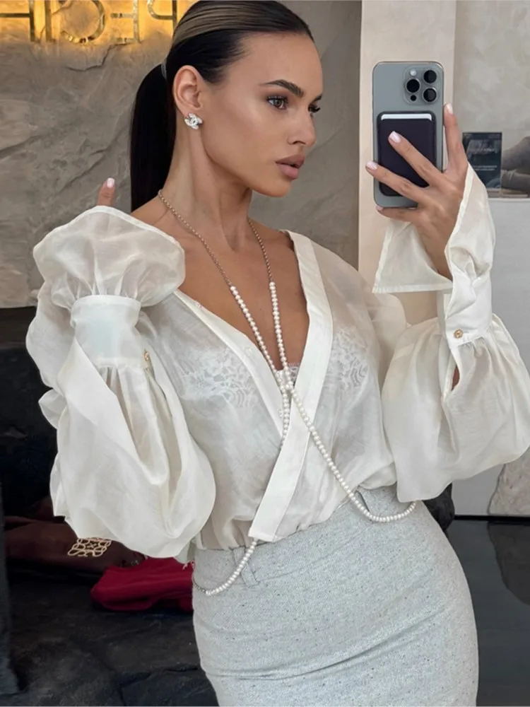Flare Sleeve Solid Color Top Women See Through Single Breasted Blouse 2025 Fashion Casual Lapel V Neck High Street Female Shirt