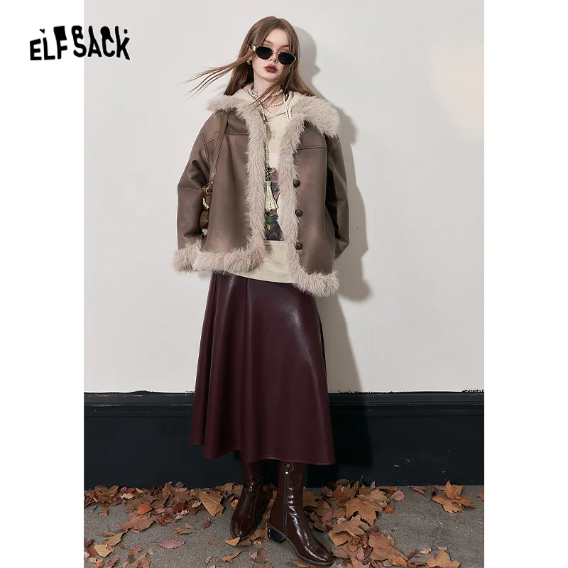 ELFSACK Fleece PU Coats Woman 2023 Winter New Designer Luxury Clothes