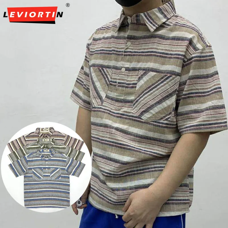 Men Summer Cotton Linen Striped Short Sleeve Shirt Colorful Stripe Half Open Collar Shirts Breathable Lightweight Blouse Tops