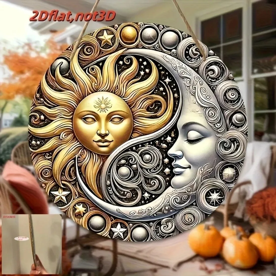 Rustic Farmhouse 2D Flat round Sun Moon Metal Plaque Wall Art Decor Hanging Ornament for Garden Indoor Garage