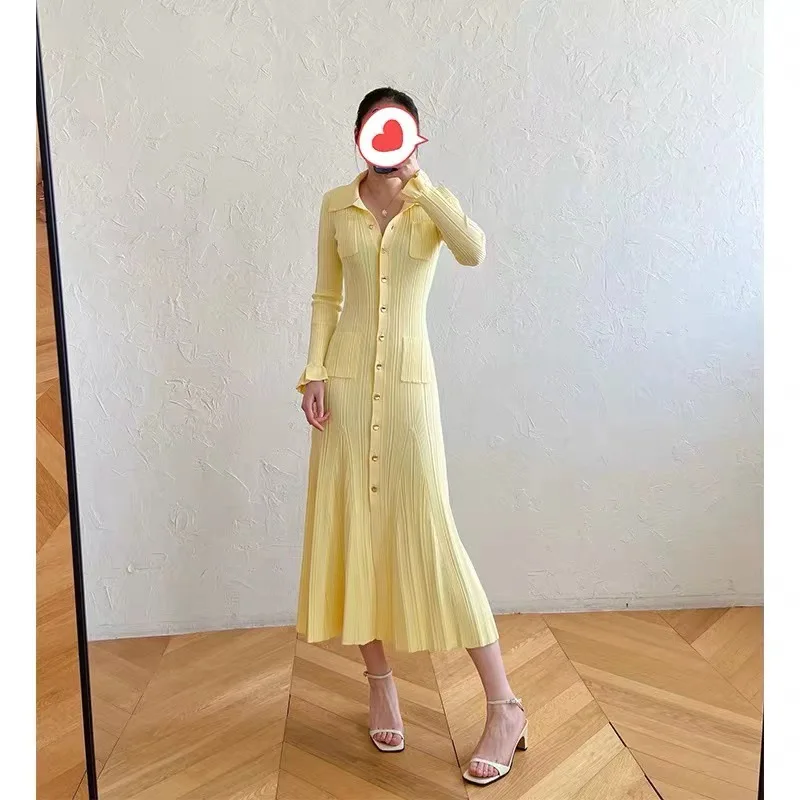 

2024 polo neck long sleeved slim fit solid color knitted mid length dress for women