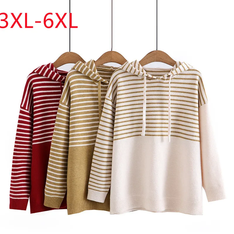 New 2022 Ladies Autumn Winter Plus Size Hoodie For Women Large Size Tops Striped Hooded Sweaters 3XL 4XL 5XL 6XL