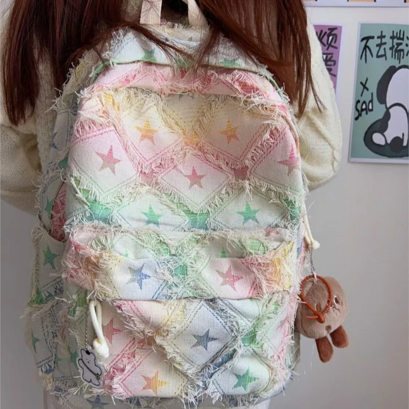 

Ins корейский рюкзак с градиентом дофамина, женский большой вместительный холщовый студенческий школьный рюкзак, женская бахрома, милый Harajuku Mochilas Mujer