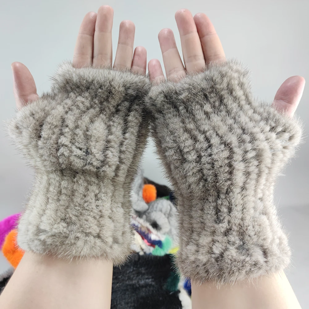 New Style Women Winter Real Mink Fur Gloves 100% Natural Warm Mink Fur Fingerless Gloves Girls Knitted Genuine Mink Fur Mittens