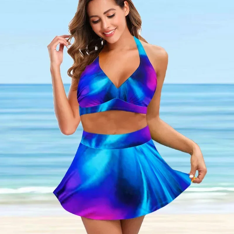 New Summer Ladies Holiday Resort Style Maillot de bain Design de mode fouet Deep Purple Gradient Printing Top Jupe Ensemble deux pièces S-5XL