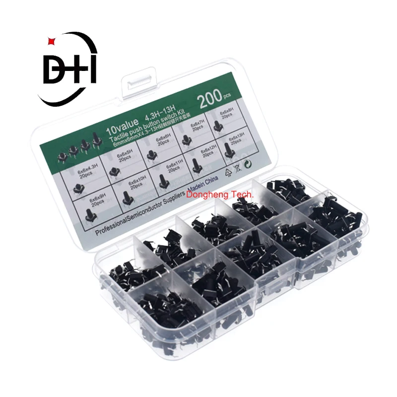 10 Value= 200pcs 6*6 Tact Switch Tactile Push Button Switch Kit, Height: 4.3MM~13MM DIP 4P Micro Switch 6x6 Key switch