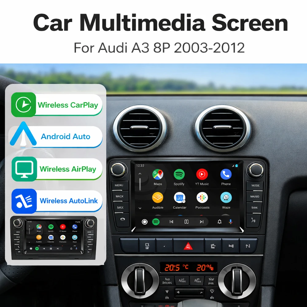 Autoradio sans fil CarPlay pour Apple et Android Auto pour Audi A3 8P S3 2003-2012, navigation GPS, multimédia, prise en charge de la caméra GPS