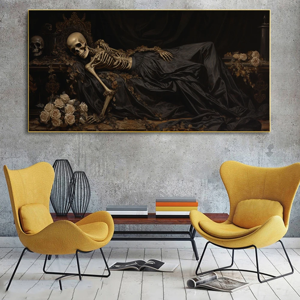 Gothic Sleeping Skull Posters Prints Eternal Sleep Creepy Victorian Canvas Painting Halloween Wall Art Mural Home Decor Pictures