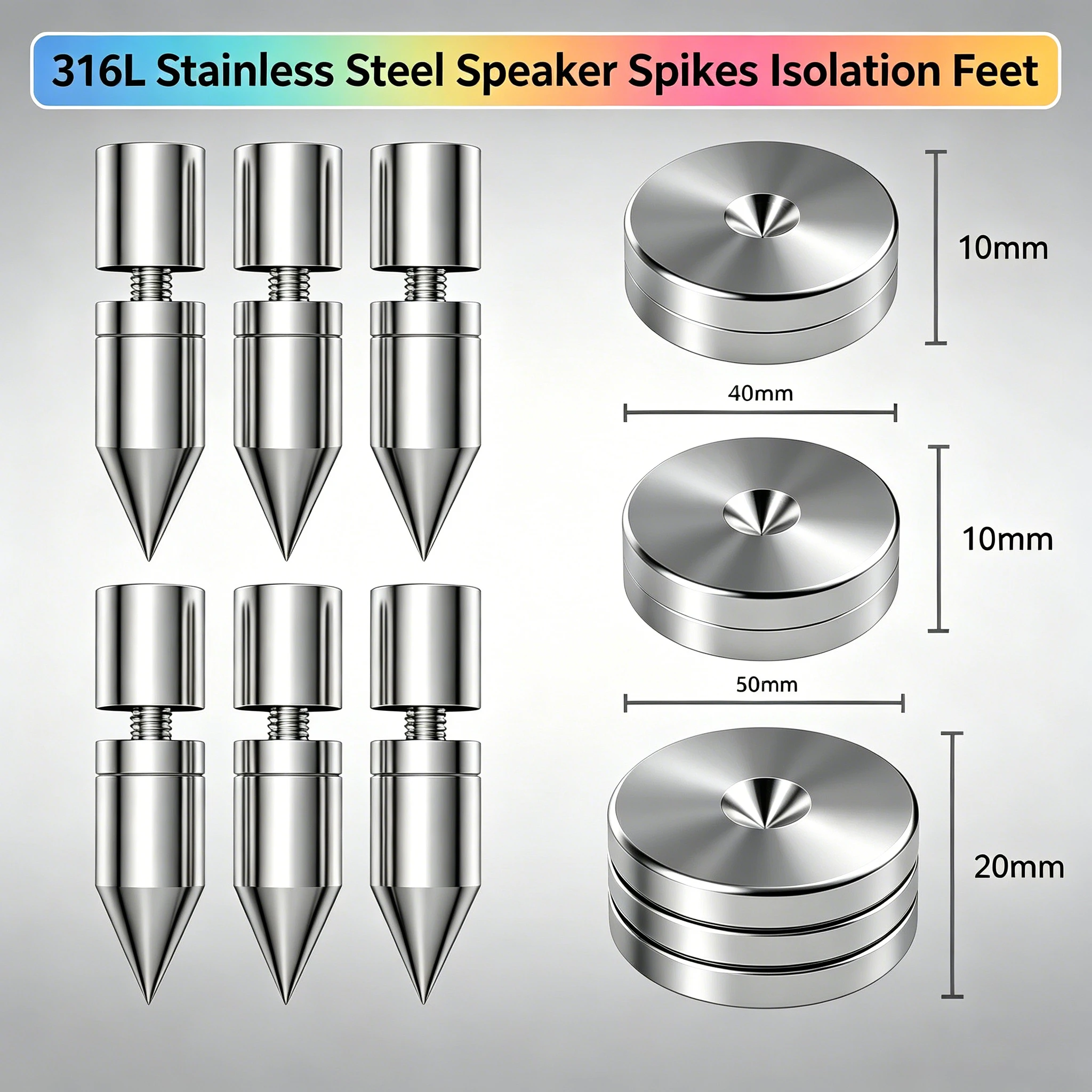 4PCS Stainless Steel Chrome Plated Speaker Adjustable Spikes Isolation Cones Feet Pad M6/M8/M10 Screw Audio Speaker Stand Foot
