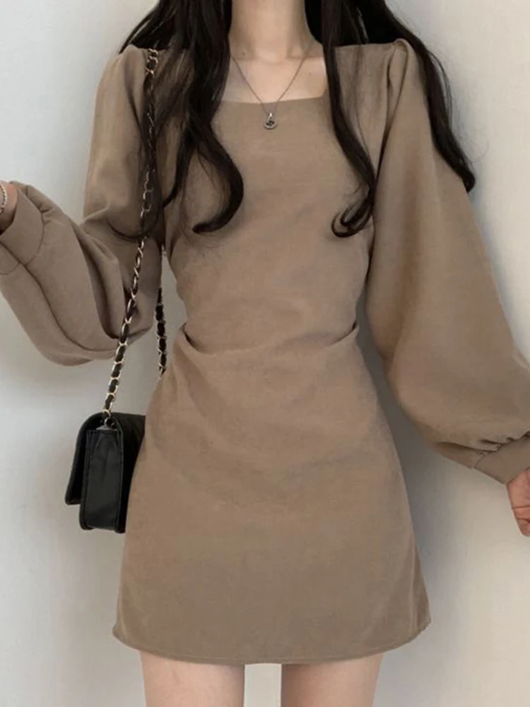 VONDA Women Sexy Square Collar Mini Dress 2024 Summer Casual Long Sleeve Party Sundress Fashion Elegant Solid Color Robe Femme