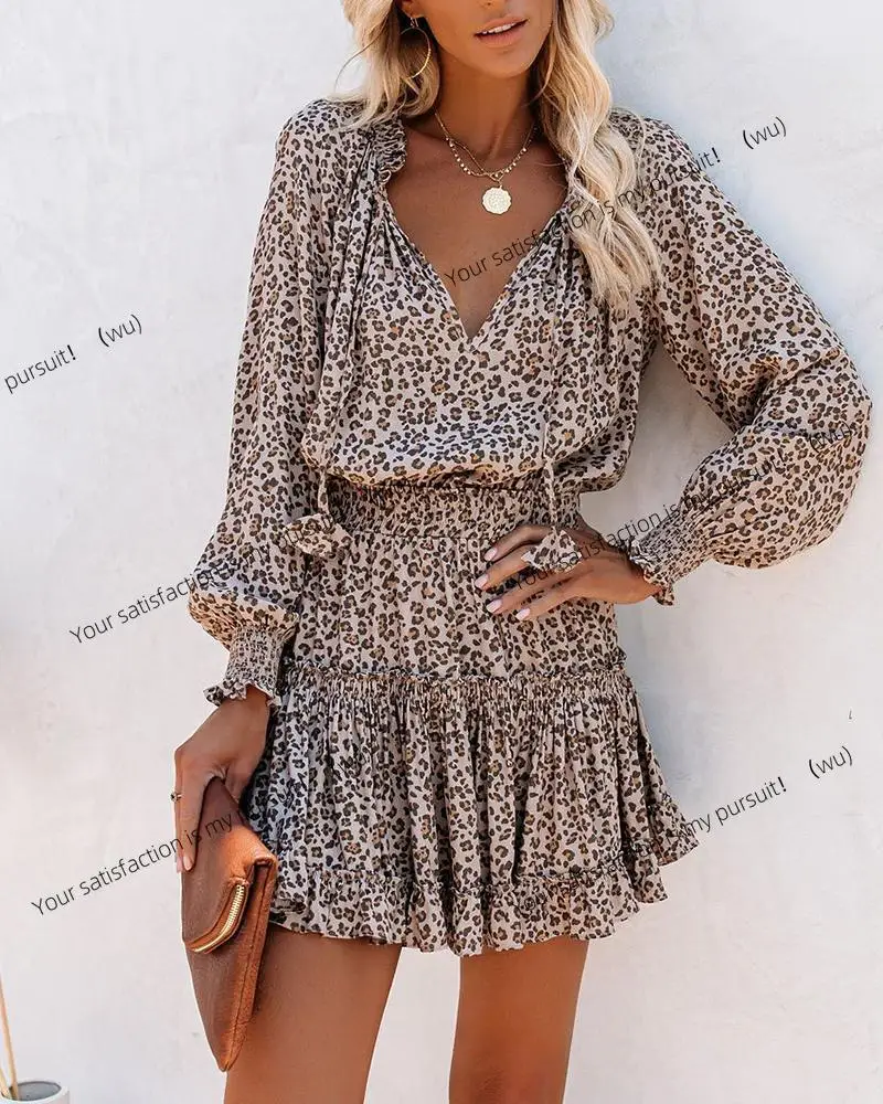 

ZOCI-Bohemian print women's long-sleeved mini party dress, elegant dance dress, leopard print ruffle edge sexy skirt