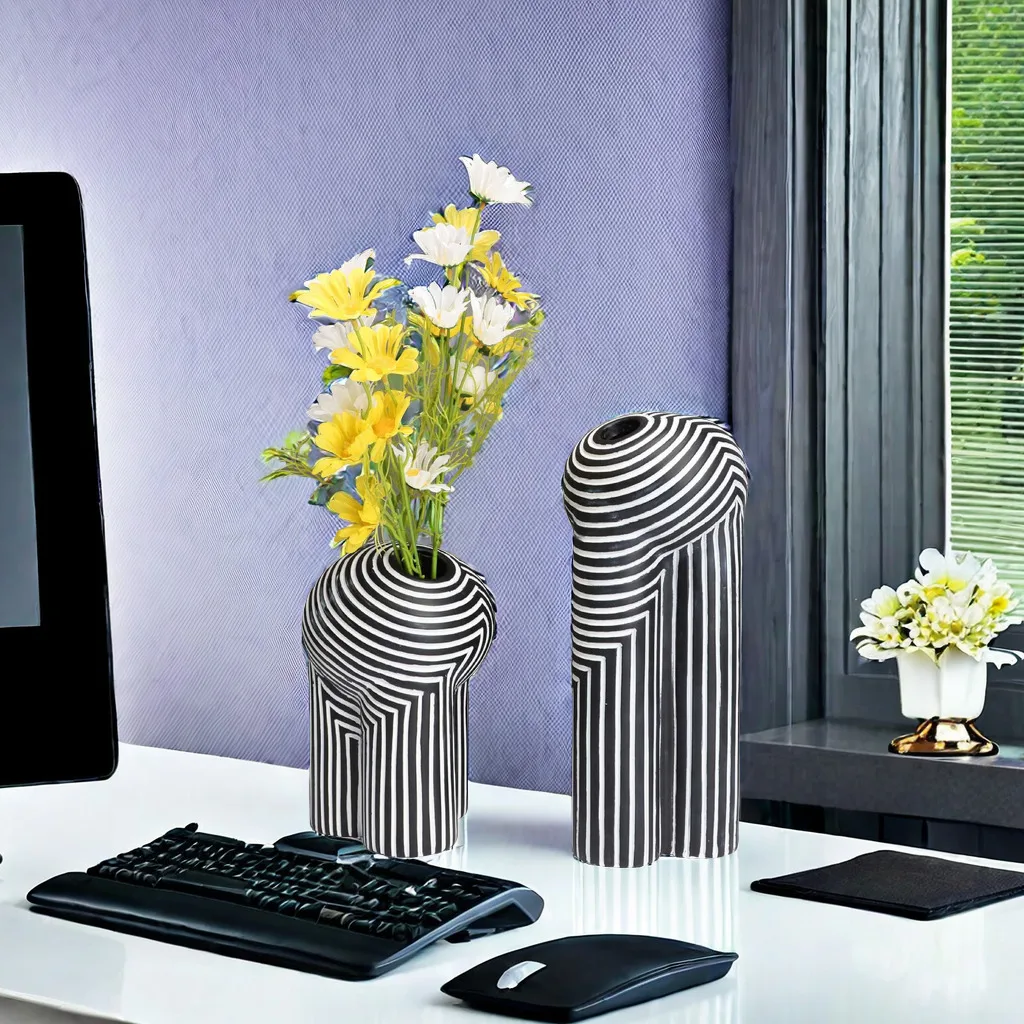 Creative Resin Vase Black and White Striped Flowerware Abstract Geometry Crafts Home Furnishing