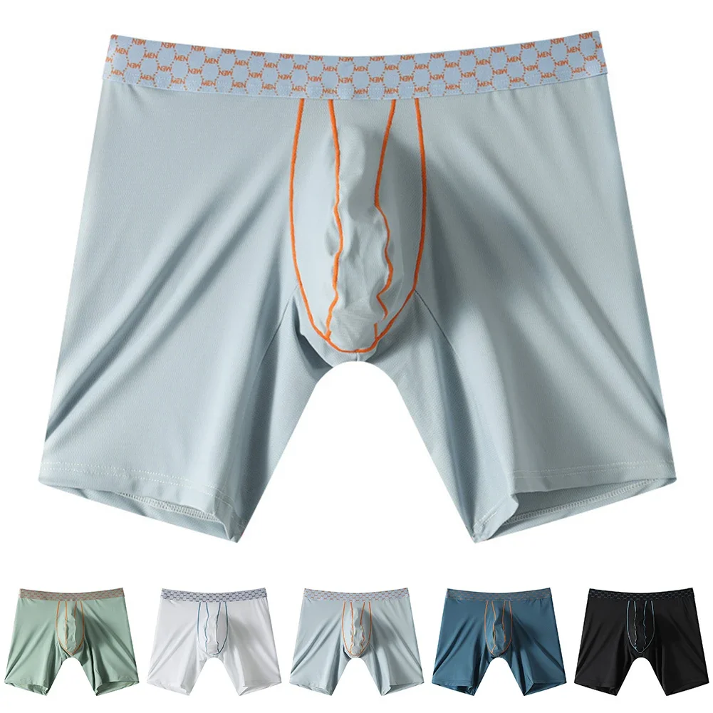 Mens Underwear Lengthened Ice Silk Mid Boxer Shorts Panties Elastic Pants Casual Sports Breathable Soft Mid Waist Sexy Lingerie
