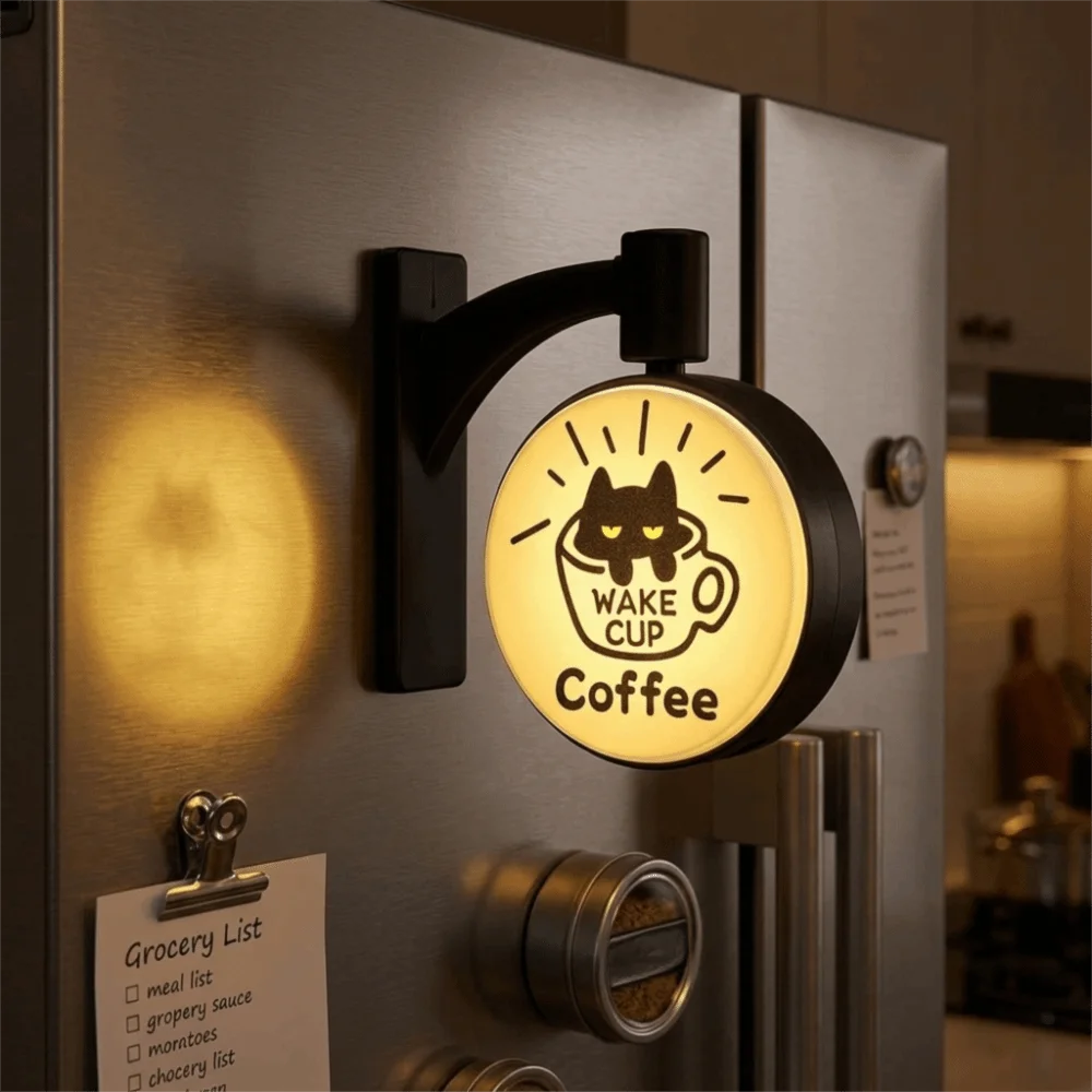 Magnetic Coffee Corner Light Sign Rotatable Cartoon Cat Glowing Cat Fridge Magnet Retro Soft Light Lamp Label Refrigerator Patch