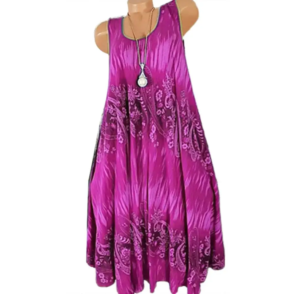 Hot Sales!!! Women Summer Floral Print Round Neck Sleeveless Loose Pleated Plus Tank Dress