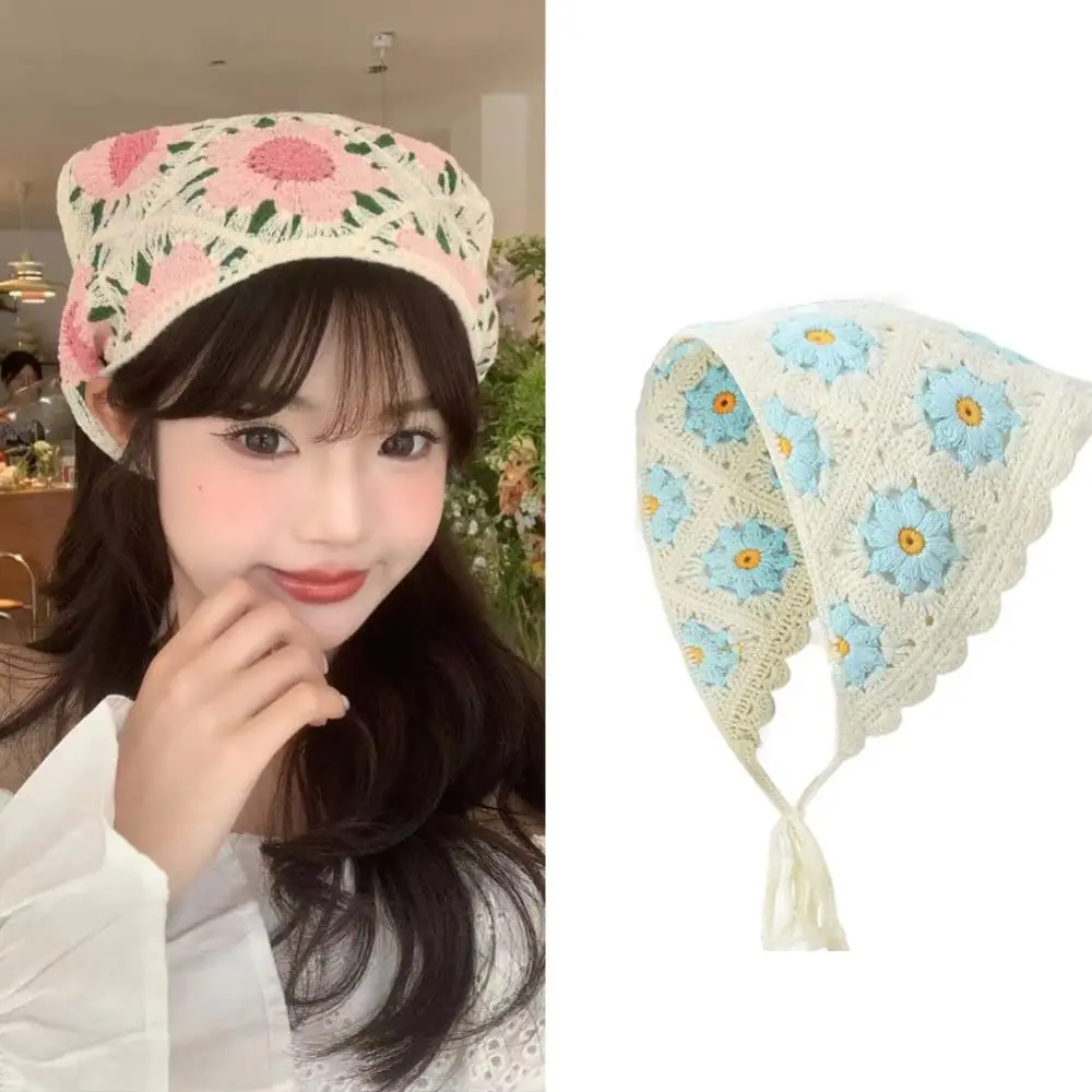 Ins Flower Women's Headscarf Knitted Sweet Triangular HairScarf Breathable Handmade Crochet Small Square Scarf for Autumn