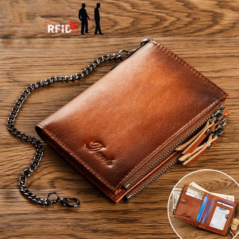 

Vintage Men's Wallets with Chain RFID Anti-theft Short Blocking Wallets Durable Zipper Purse Card Holder Casual Business Wallets