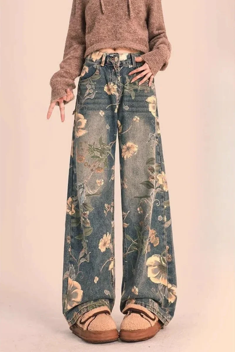 

Full-Print Floral Wide-Leg Washed Jeans For Men Or Women Mid-Rise Summer Straight-Leg Slim-Fitting Floor-Length Pants