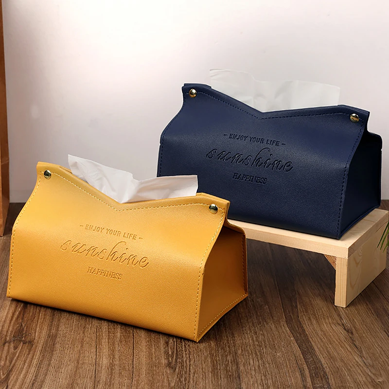 Solid Color Minimalist Leather Tissue Case Napkin Holder Storage Container Car Tissue Box Home Living Room Decoration