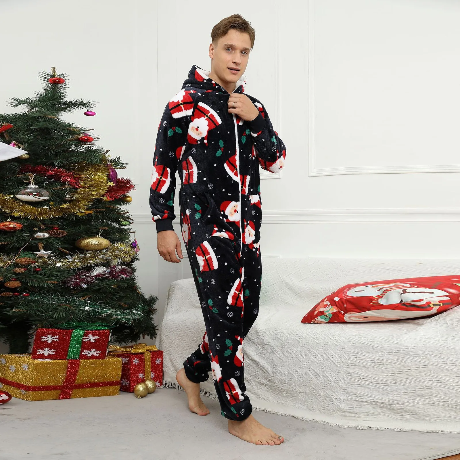 Men Christmas Wool Pajamas Solid Color Zipper Loose Hooded Jumpsuit Winter Warm One Piece Fleece Plush Sleepwear Clothes