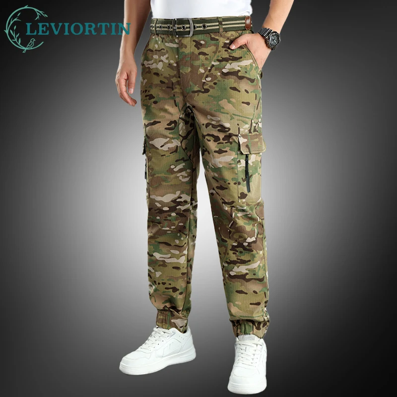 Men's Outdoor Ripstop Camo Cargo Pants Spring Autumn Stretch Elastic Waist Loose Fit Trousers Multi Pocket Tactical Pants