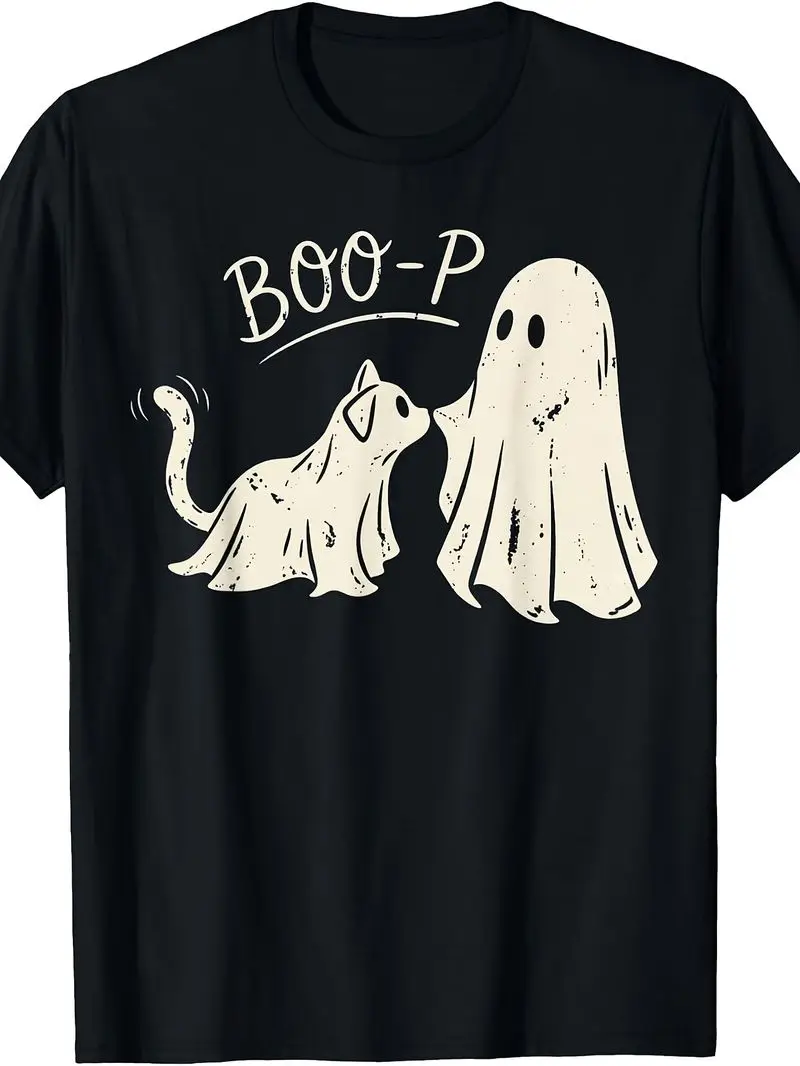 Funny Halloween T-Shirt Men's And Women's Boo-P And Cat Design Holiday Party Costume For Trick Or Treat Cute Spooky Fun Gift