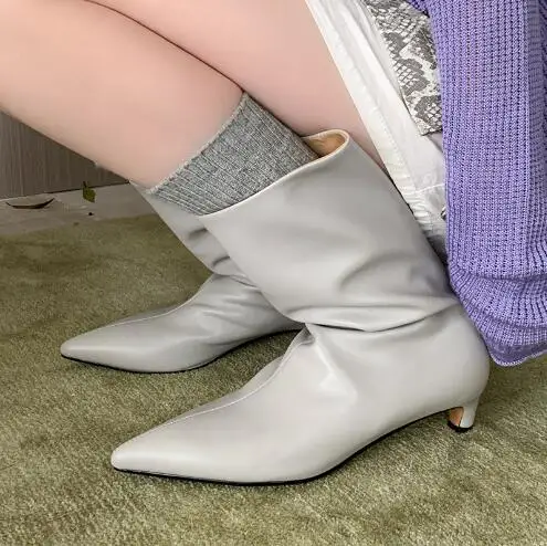 Drop Shipping Women Fashion Gray Leather Black Apricot Pointed Toe Kitten Heel Wide Calf Slip On Mid-calf Boots Shoes Lady