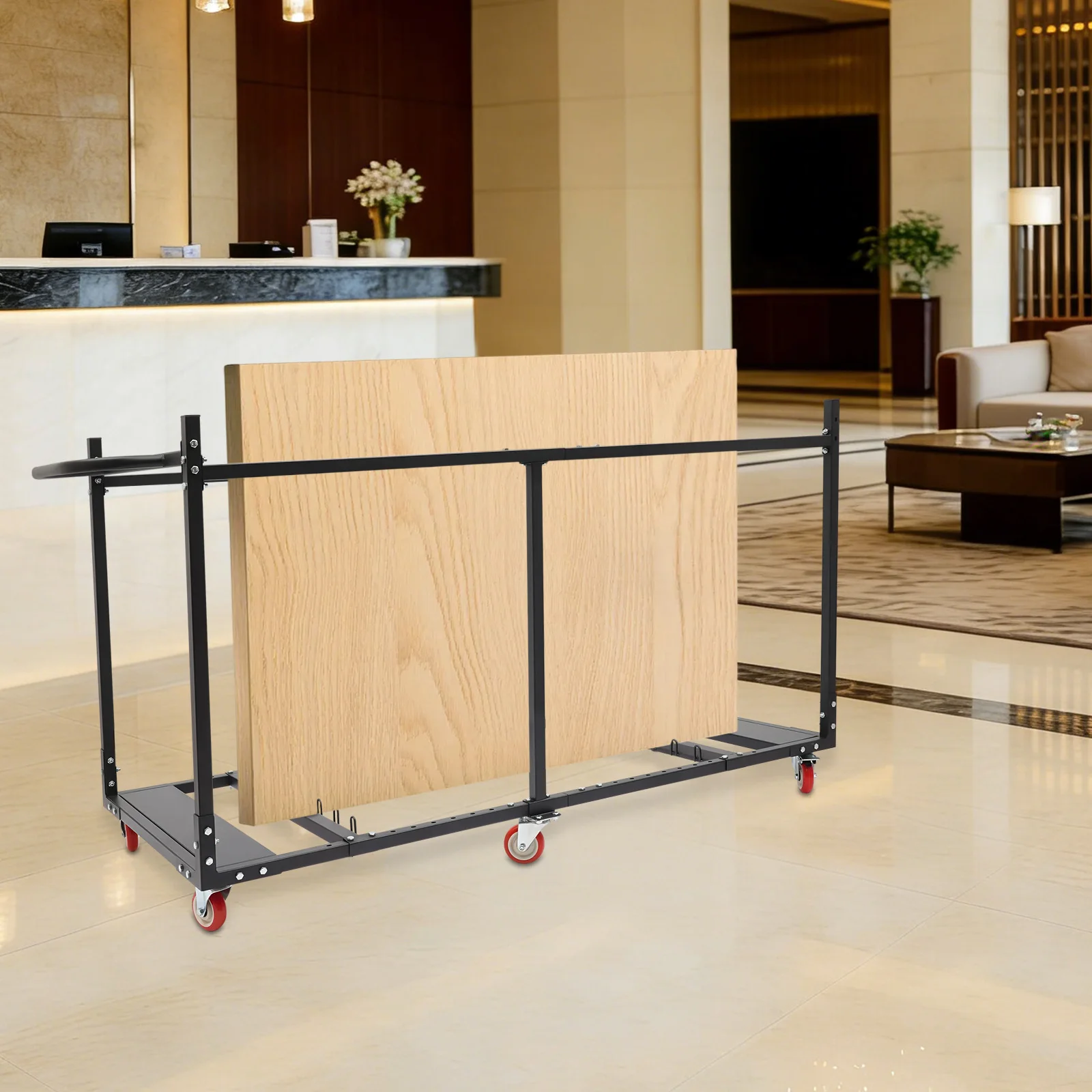 

Черная тележка-стол из стали Q235 (194x80x112 см) с четырьмя колесами для перевозки 10 складных столов и стульев