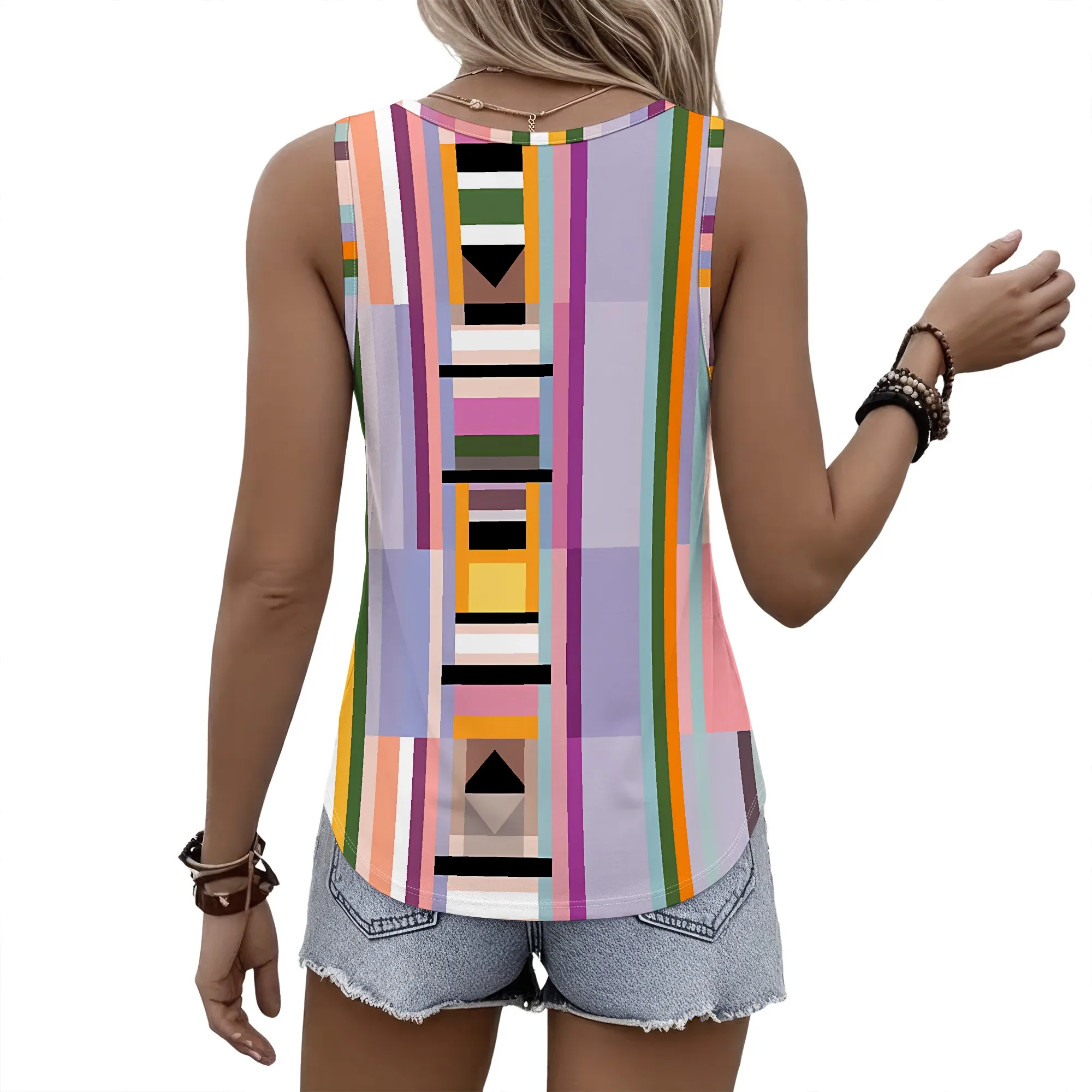 Geometric Print Tank Top, Abstract Art Sleeveless Shirt, Colorful Block Pattern Blouse, Summer Casual Wear, S-2XL