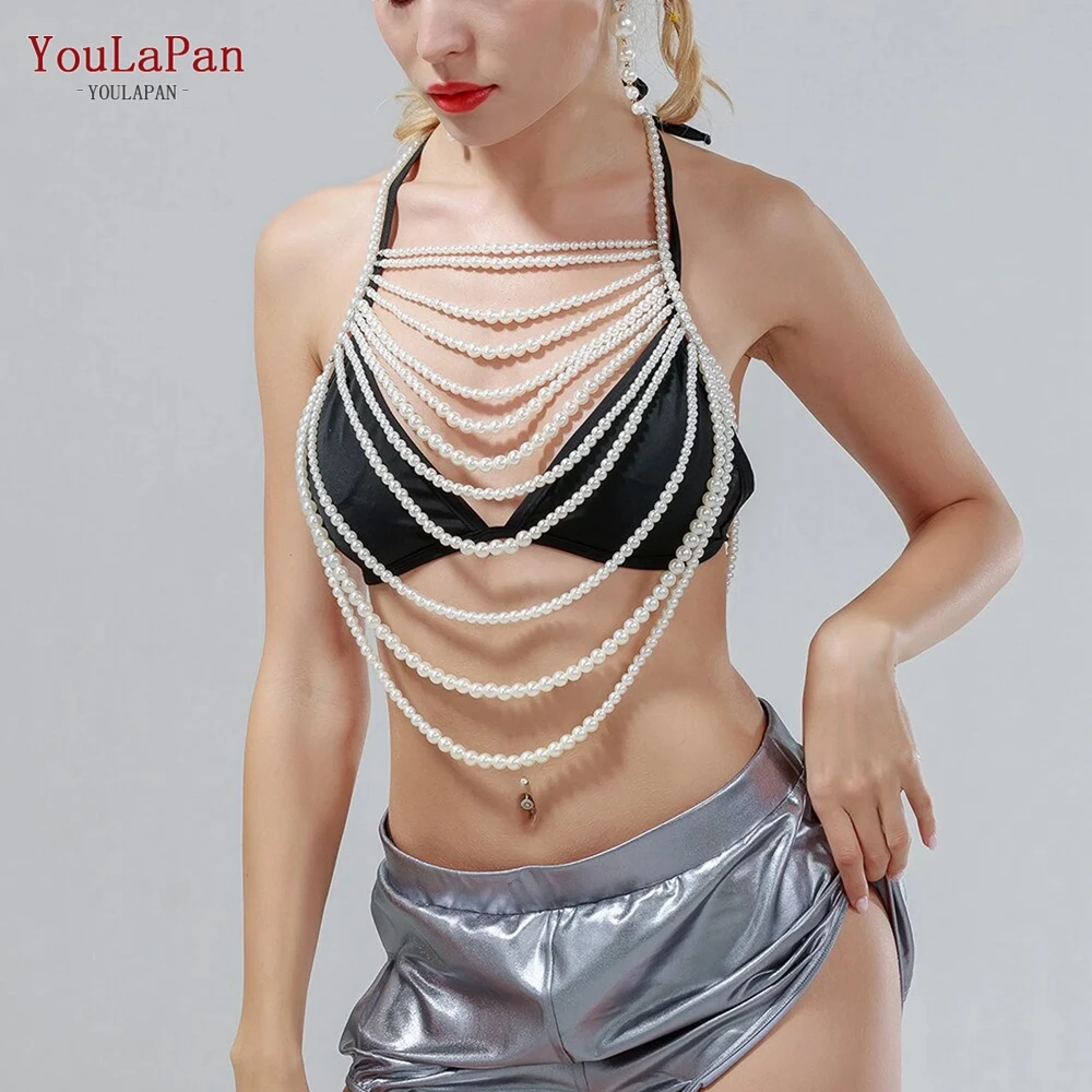 YouLaPan-Cadena de cuerpo con cuentas de perlas G69 para mujer, Sexy, accesorios de fiesta de despedida de soltera, Chaleco Corto, Top de perlas, Bikini, joyería corporal